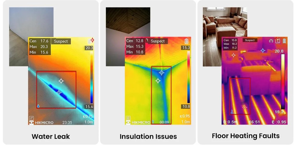 Three HIKMICRO camera screens in Smart SuperScene mode, marking a water leak, insulation faults and a floor heating fault