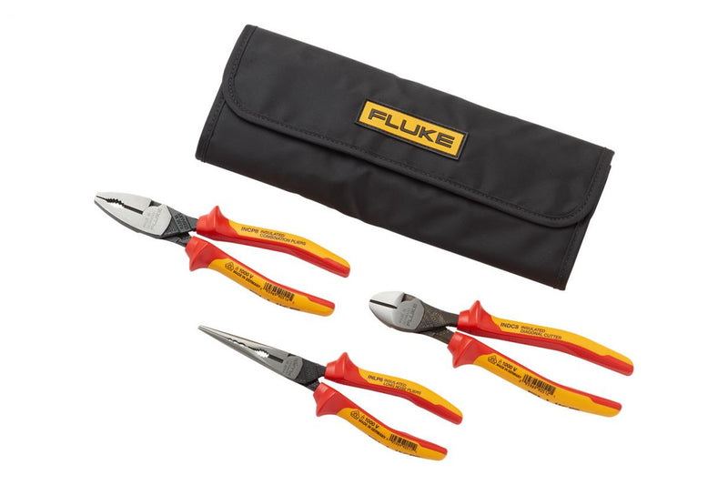 Fluke IKPL3 Insulated 3 Unit Pliers Kit, 1000v (Long Nose Plier, Diagonal Cutter, Linesman Combination Plier) With Roll-up Tool Pouch (item no. 5067377)