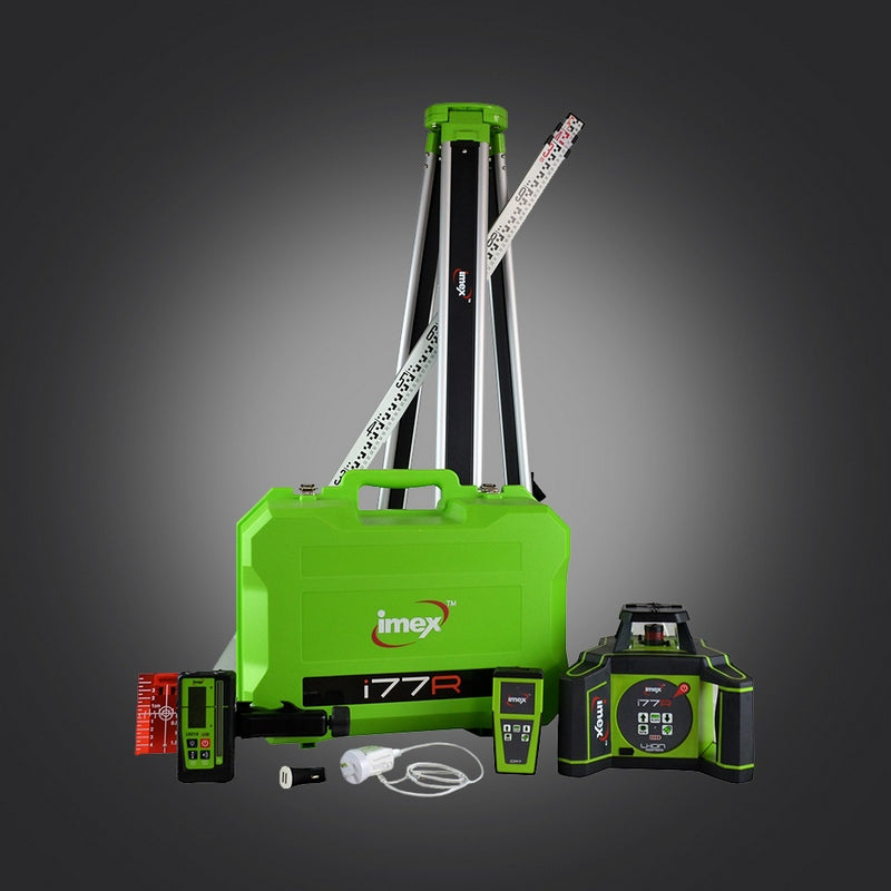 Imex i77R Rotating Laser Level Horizontal with LRX10 Laser Receiver and Tripod & 5m Staff