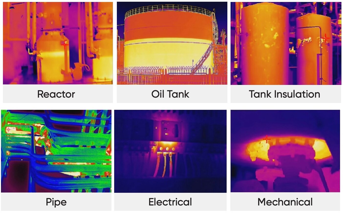 Thermal images of a reactor, an oil tank, tank insulation, pipework, electrical and mechanical plant